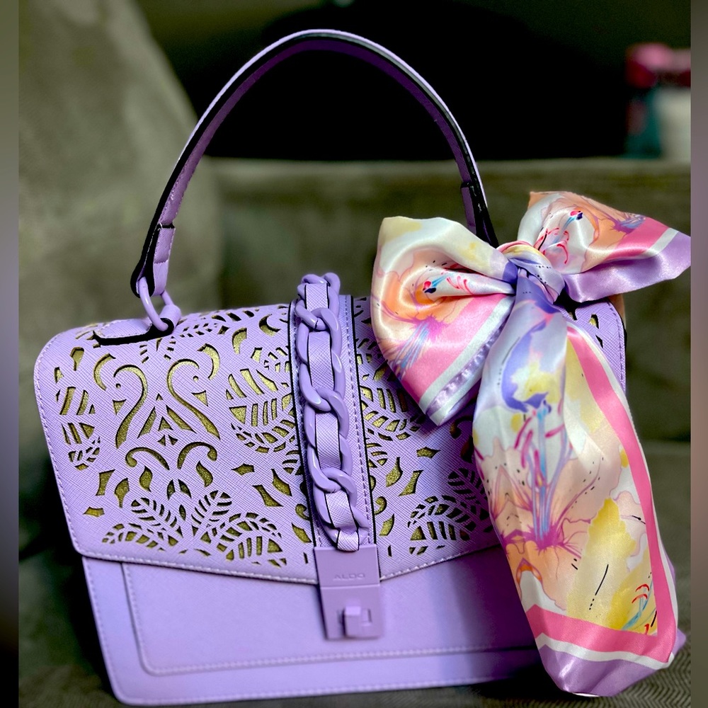 ALDO lavender purse with crossbody strap and floral scarf